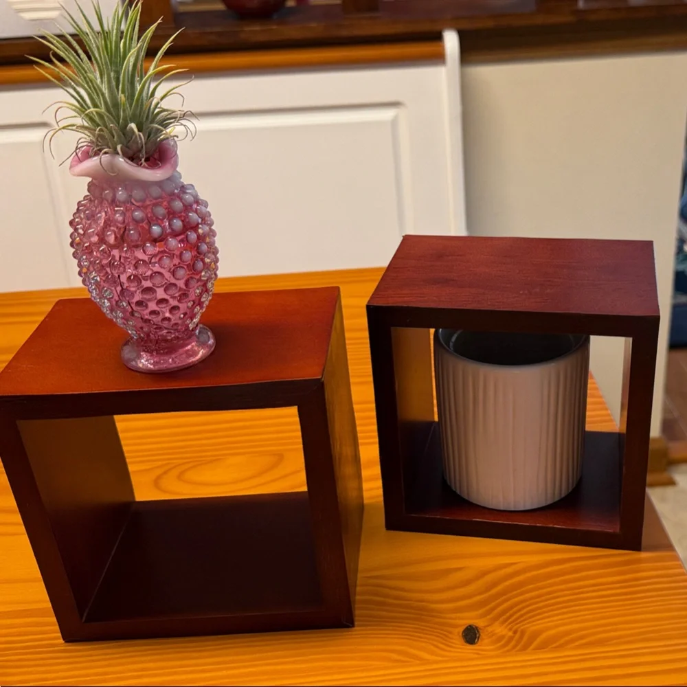 Elegant Brown Wooden Wall Decor Cubes, set of 2, see all pics for ideas.